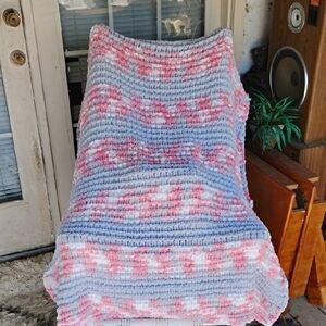 Chunky Handmade Crochet Afghan Granny Square  Knit Blanket in Pink &Light Blue